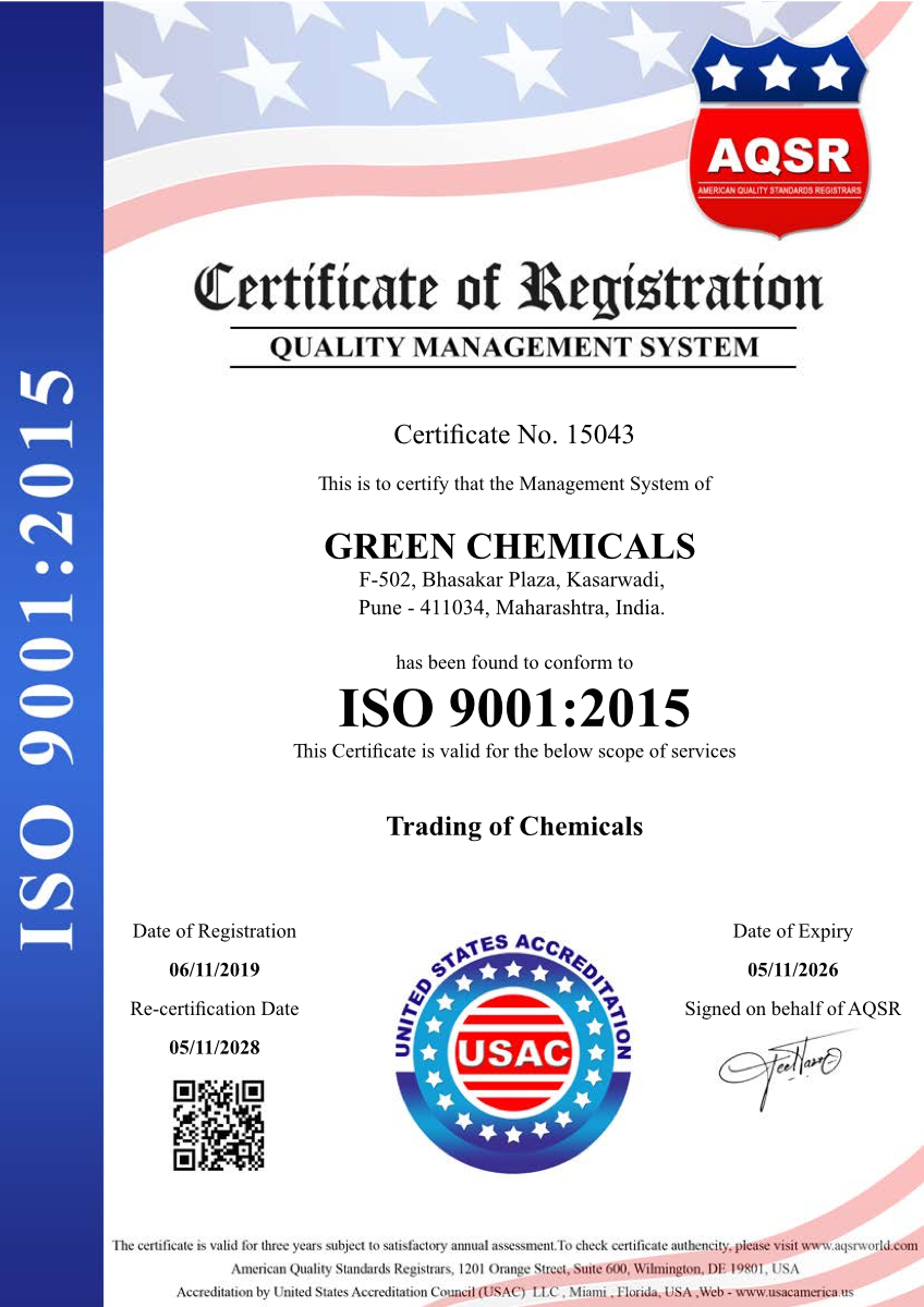 Green Chemicals ISO 9001:2015 Certificate of Registration